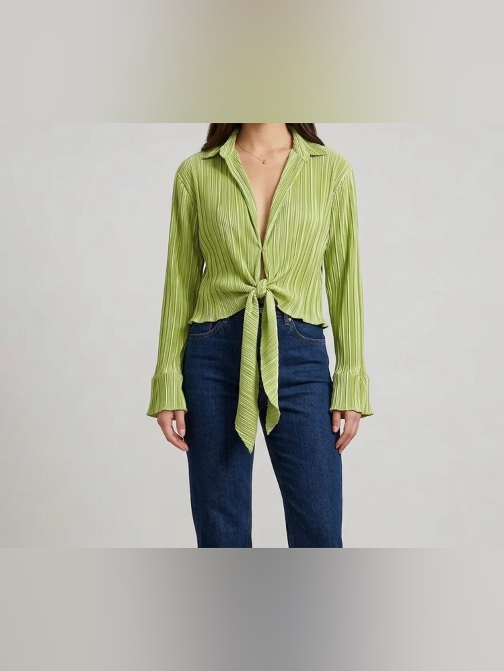 FORE Lime Green Plisse Tie Front Blouse M Pleated Long Sleeve Collared TopResort